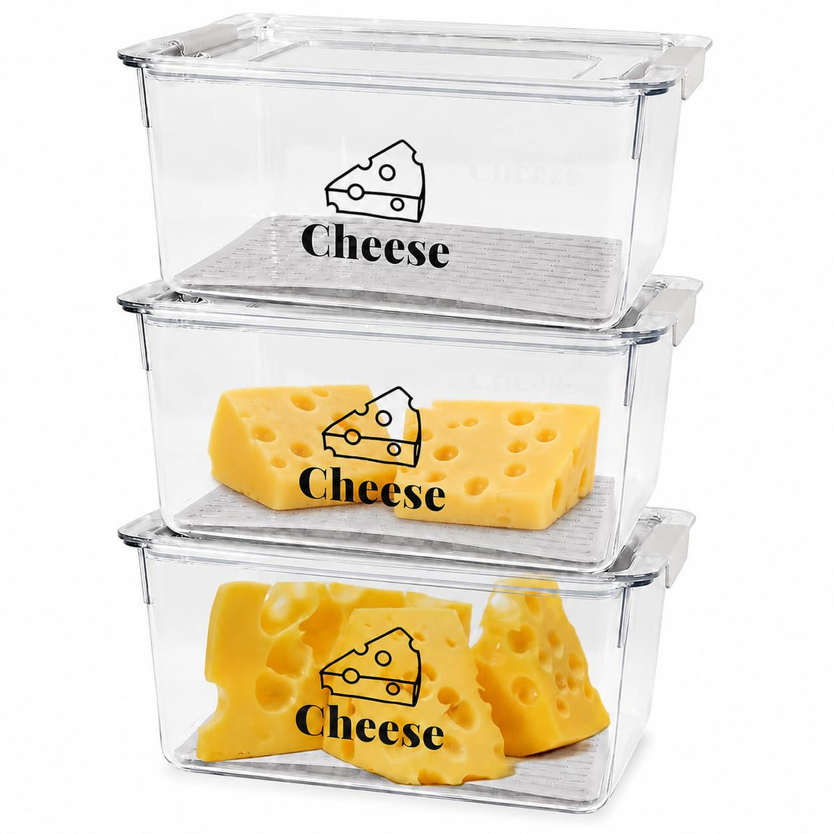 3 Pack Cheese Container for Refrigerator, Airtight Clear Cheese Storage Box with Lid, Cheese Keeper for Sliced Cheese, Deli Meat, Ham, Salami & Turkey, Fridge Food Storage Organizer