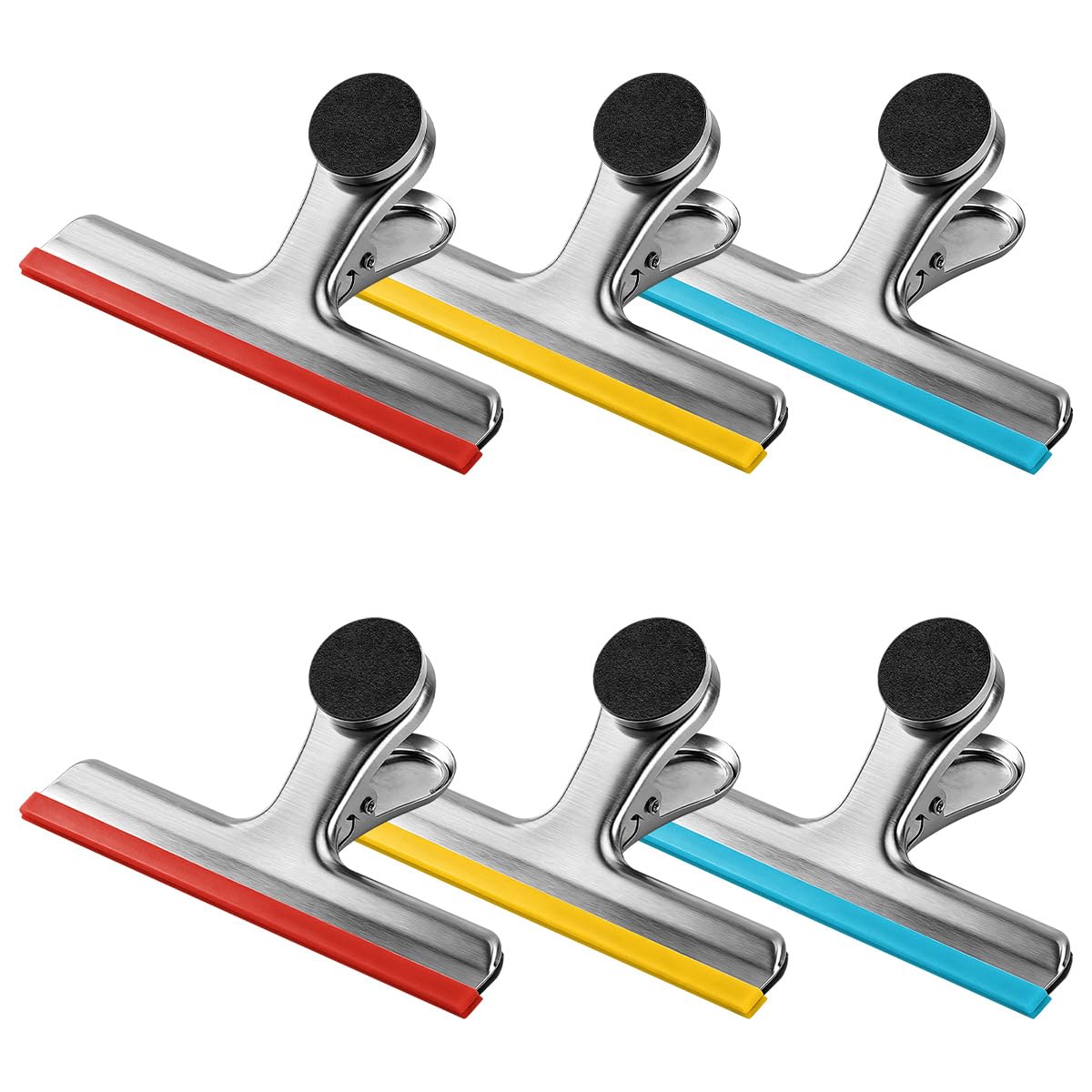 HOUSE AGAIN 4 Pack Stainless Steel Magnetic Chip Bag Clips Covered with Silicone - NO More Sharp Edges - Color Coded for Food Bags - Hang Postcards Heavy Duty for Kitchen and Office, 3 Inches Wide