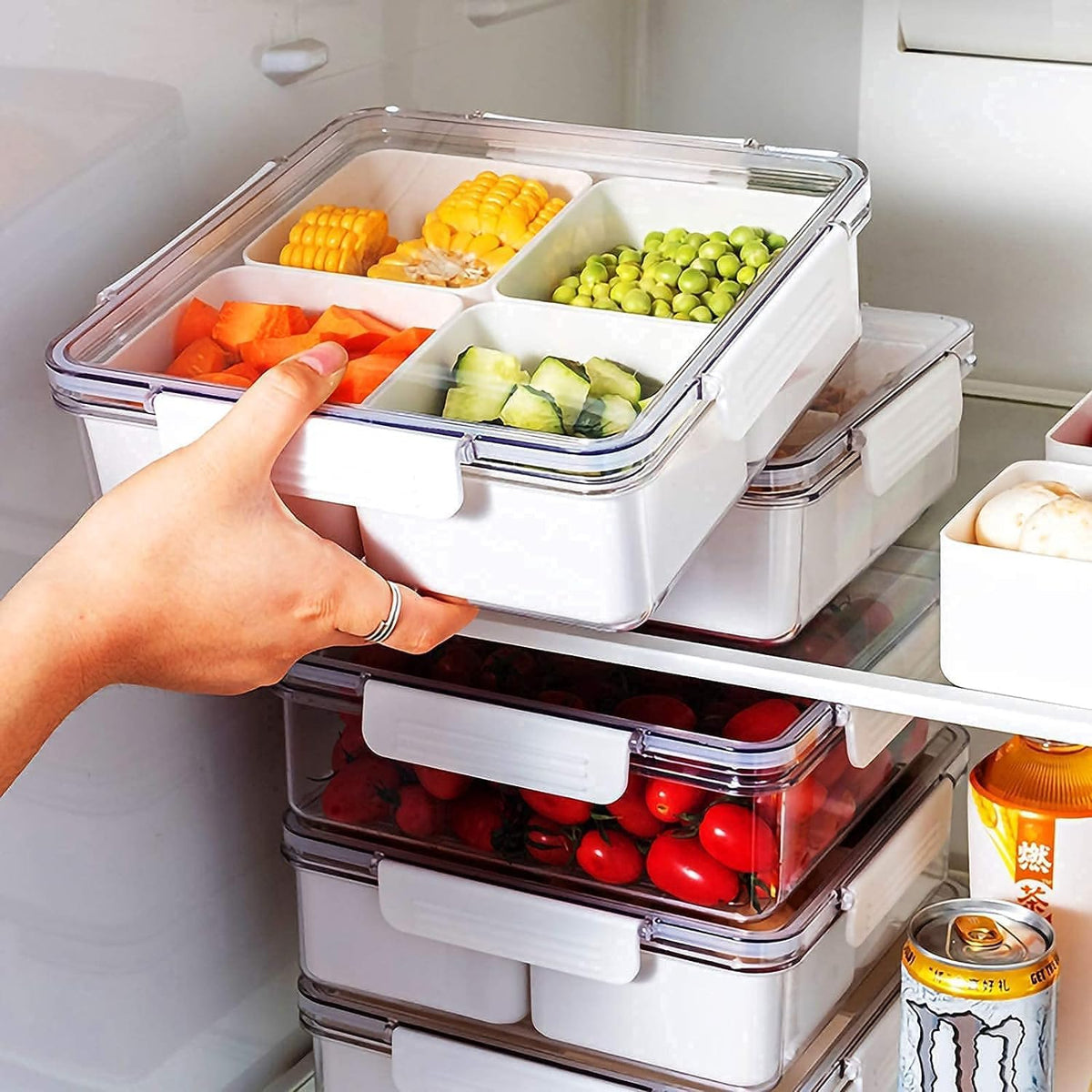 2Pack Divided Veggie Tray with Lid Snackle Box Serving Container Salad Keeper with 4 Removable Boxes Stackable Refrigerator Organizer Bins Produce Saver for Meal Prep Fruit