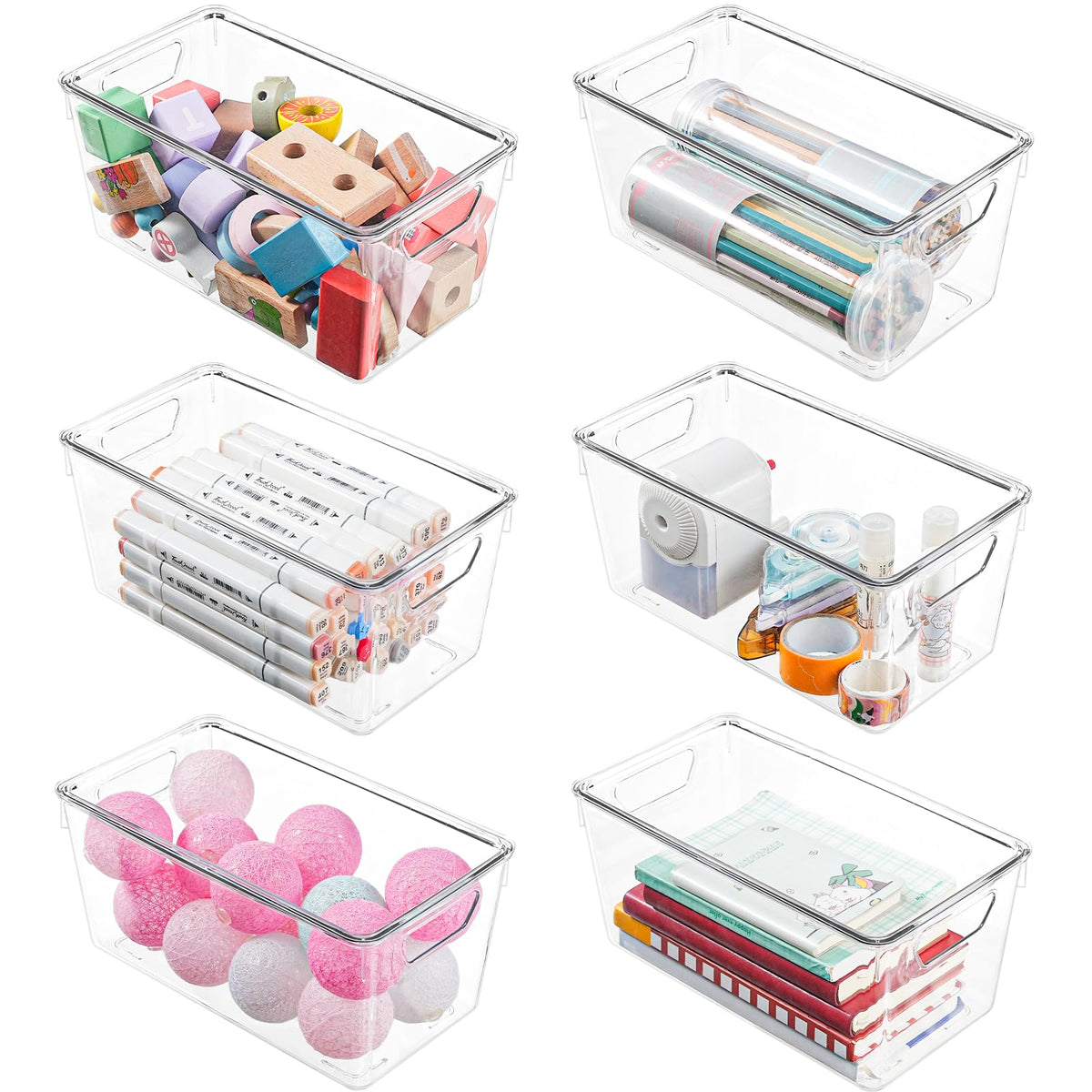 6 Pack Small Clear Storage Bins with Lids, Plastic Arts and Craft Storage Containers, Stackable Clear Plastic Craft Storage Bins with Handles for Classroom Storage Organization,Kitchen, Fridge, Office