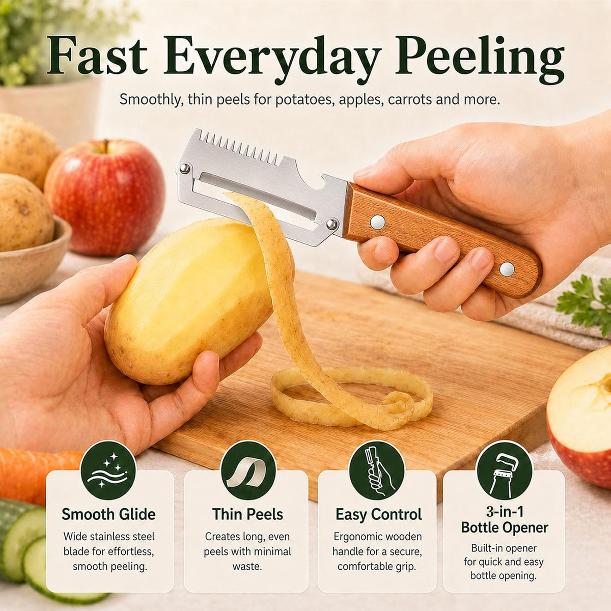 2026 upgrade 3-in-1 Vegetable Peeler with Wooden Handle, Stainless Steel Julienne Peeler and Scallion Shredder with Bottle Opener, Multi-Function Kitchen Peeler for Everyday Prep(1PCS)
