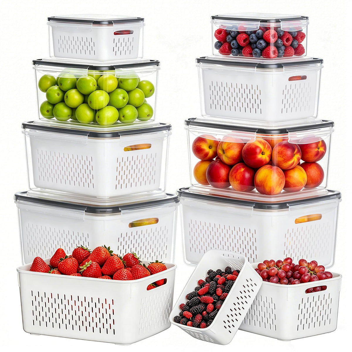 HOMETALL 8 Pack Fruit Storage Containers for Fridge, Produce Containers for Fridge with Colander, Leakproof Fridge Organizers and Storage for Berry Vegetable Salad Lettuce Meat Food
