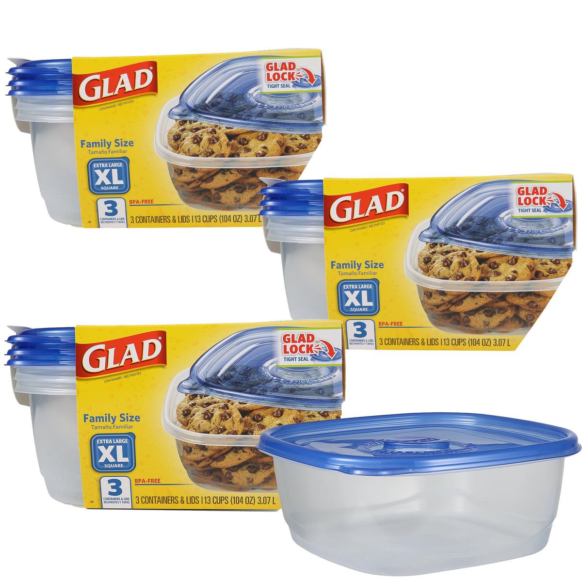 Glad GladWare Deep Dish Food Storage Containers, 64 Oz, 3 Count