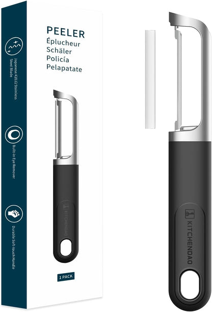 KITCHENDAO Swivel Vegetable Potato Peeler for Kitchen -Durable Japanese 420J2 Stainless Steel Sharp Dual Blade- Built-in Eye Remover, Ergonomic Soft-touch Handle - Dishwasher Safe-Black