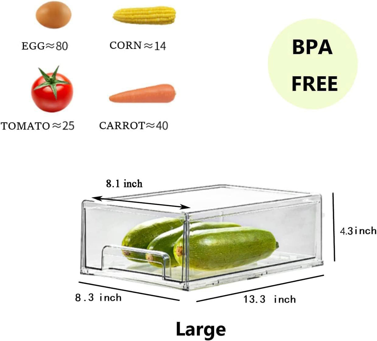 Mano 2Pack Clear Fridge Drawers Pull Out Stackable Refrigerator Drawer Organizer Bins Pantry Storage Box Plastic Food Containers for Kitchen Bathroom Office Closet (2pack-Large)