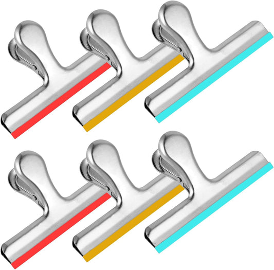 HOUSE AGAIN 6 Pack Stainless Steel Chip Bag Clips Covered with Colorful Silicone - NO More Sharp Edges - Color Coded for Food Bags - Air Tight Seal, Heavy Duty for Kitchen and Office, 5 Inches-Silver