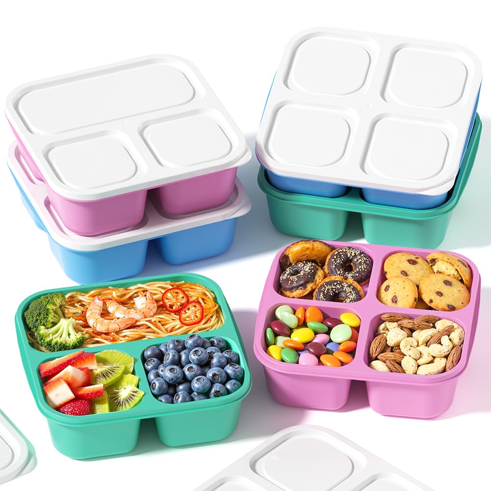Canfanni 4 Pcs Bento Box Set, Reusable 3 Compartments Snack Boxes with 2 Leakproof Small Containers, Stackable Meal Prep Lunch Containers for School, Work, and Travel