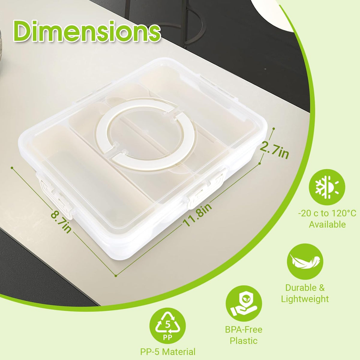 Snackle Box Container, 4 Compartment Divided Serving Tray with Lid