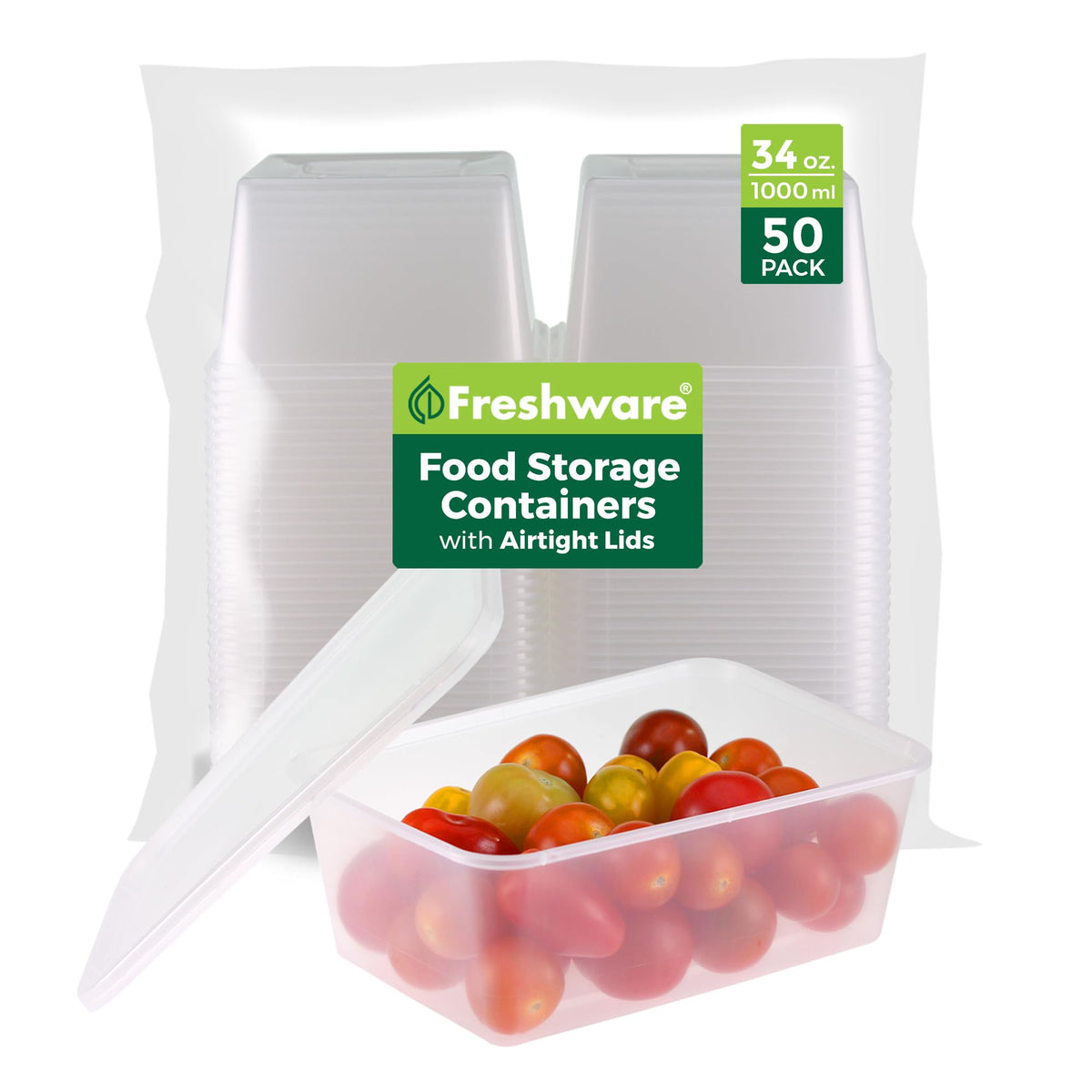 Freshware Food Storage Containers [50 Set] 16 oz Plastic Deli Containers with Lids, Slime, Soup, Meal Prep Containers | BPA Free | Stackable | Leakproof | Microwave/Dishwasher/Freezer Safe