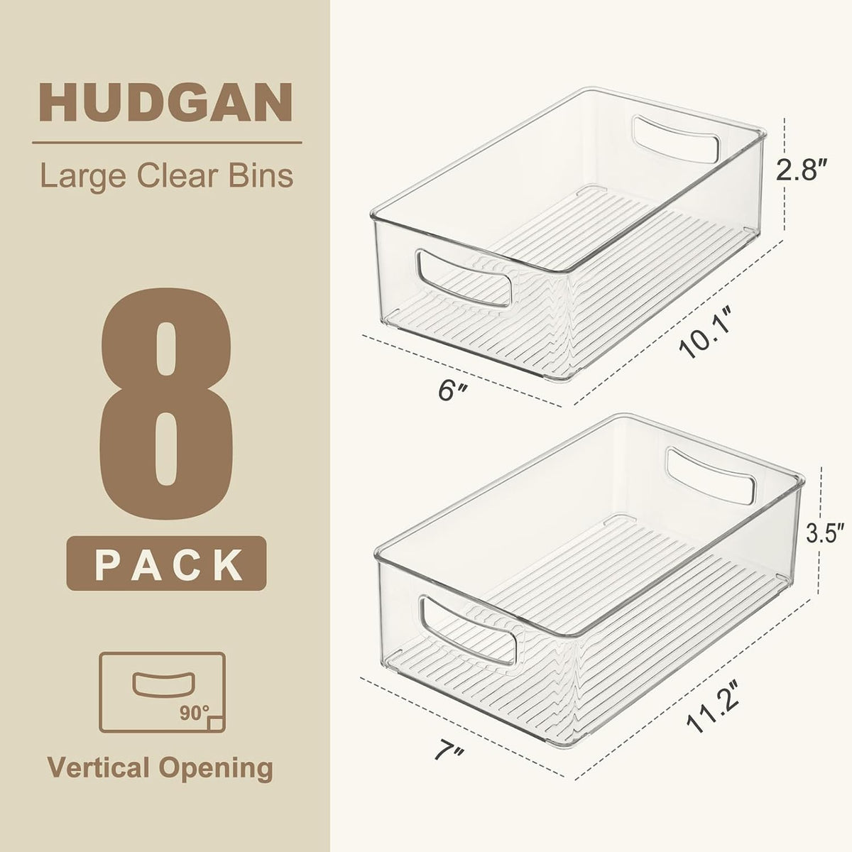 Hudgan Clear Storage Bins 8 Packs for Refrigerator, 4 Large Stackable Pantry Organizer Bins and 4 Medium Storage Plastic Containers for Home Edit, Kitchen, Freezer, Bathroom, Drawers, Shelves