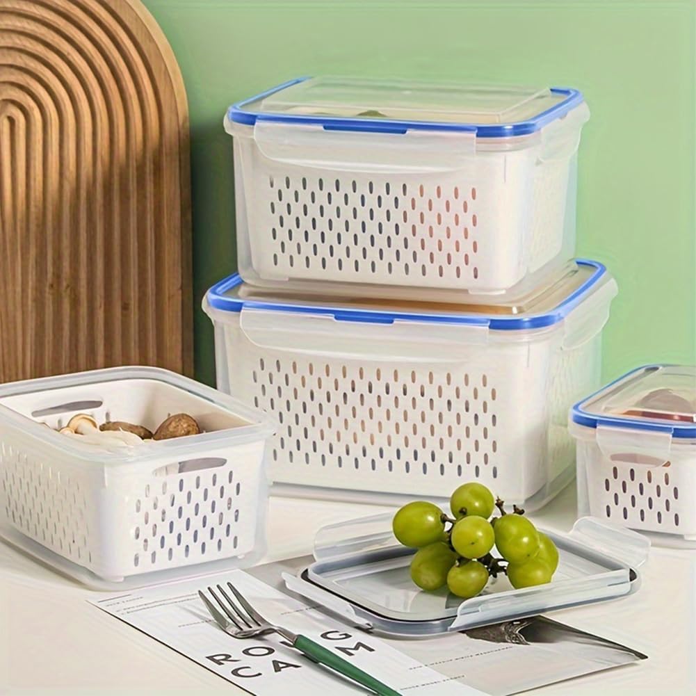 Fruit Storage Container for Fridge, Leakproof Food Storage Containers, Plastic Fresh Produce Saver Vegetable Fruit Meat Storages Organization, Plastic Produce Keepers(M+L)