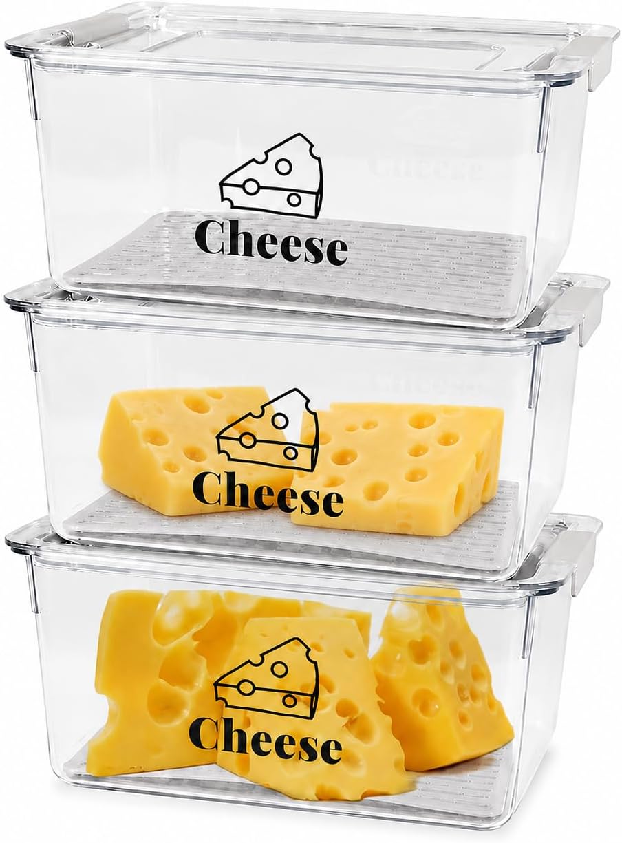 3 Pack Cheese Container for Refrigerator, Airtight Clear Cheese Storage Box with Lid, Cheese Keeper for Sliced Cheese, Deli Meat, Ham, Salami & Turkey, Fridge Food Storage Organizer