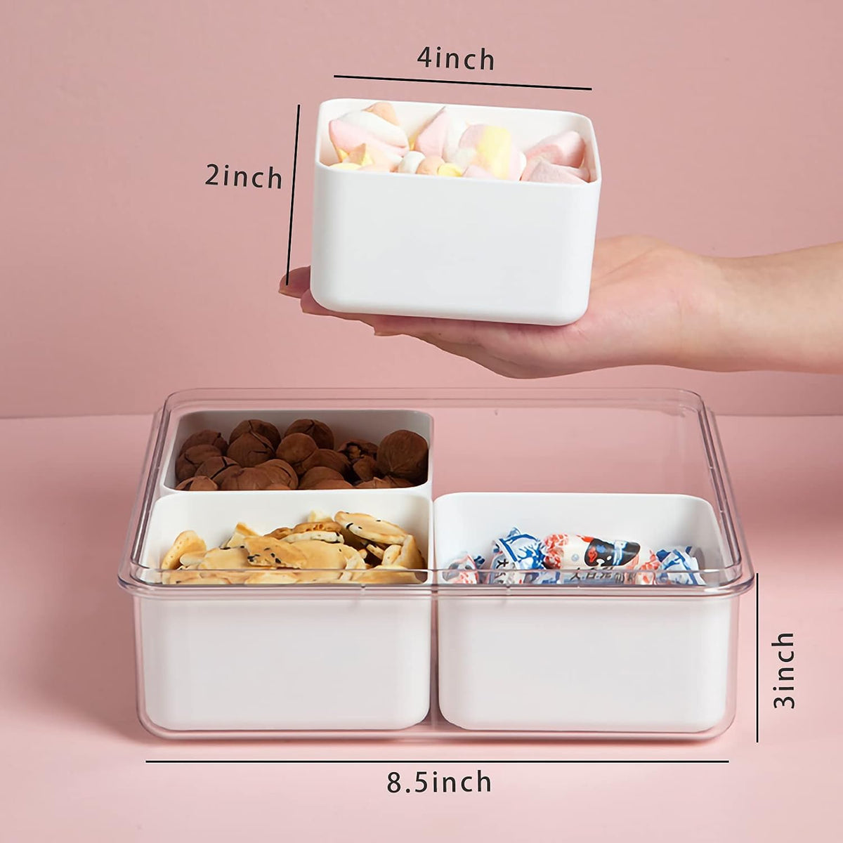 2Pack Divided Veggie Tray with Lid Snackle Box Serving Container Salad Keeper with 4 Removable Boxes Stackable Refrigerator Organizer Bins Produce Saver for Meal Prep Fruit