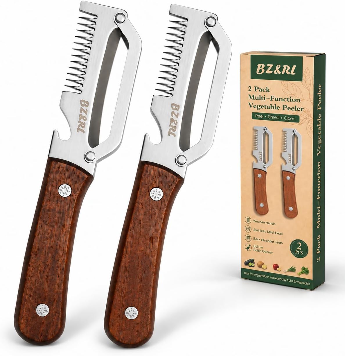 Vegetable Peeler With Wooden Handle, Stainless Steel Wide Blade Potato and Carrot Peeler, 3-in-1 Veggie Peeler With Scallion Shredder and Bottle Opener for Kitchen, Camping and Travel 2026 Upgrade