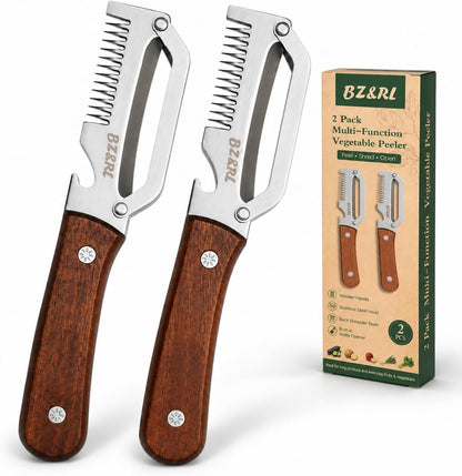 Vegetable Peeler With Wooden Handle, Stainless Steel Wide Blade Potato and Carrot Peeler, 3-in-1 Veggie Peeler With Scallion Shredder and Bottle Opener for Kitchen, Camping and Travel 2026 Upgrade