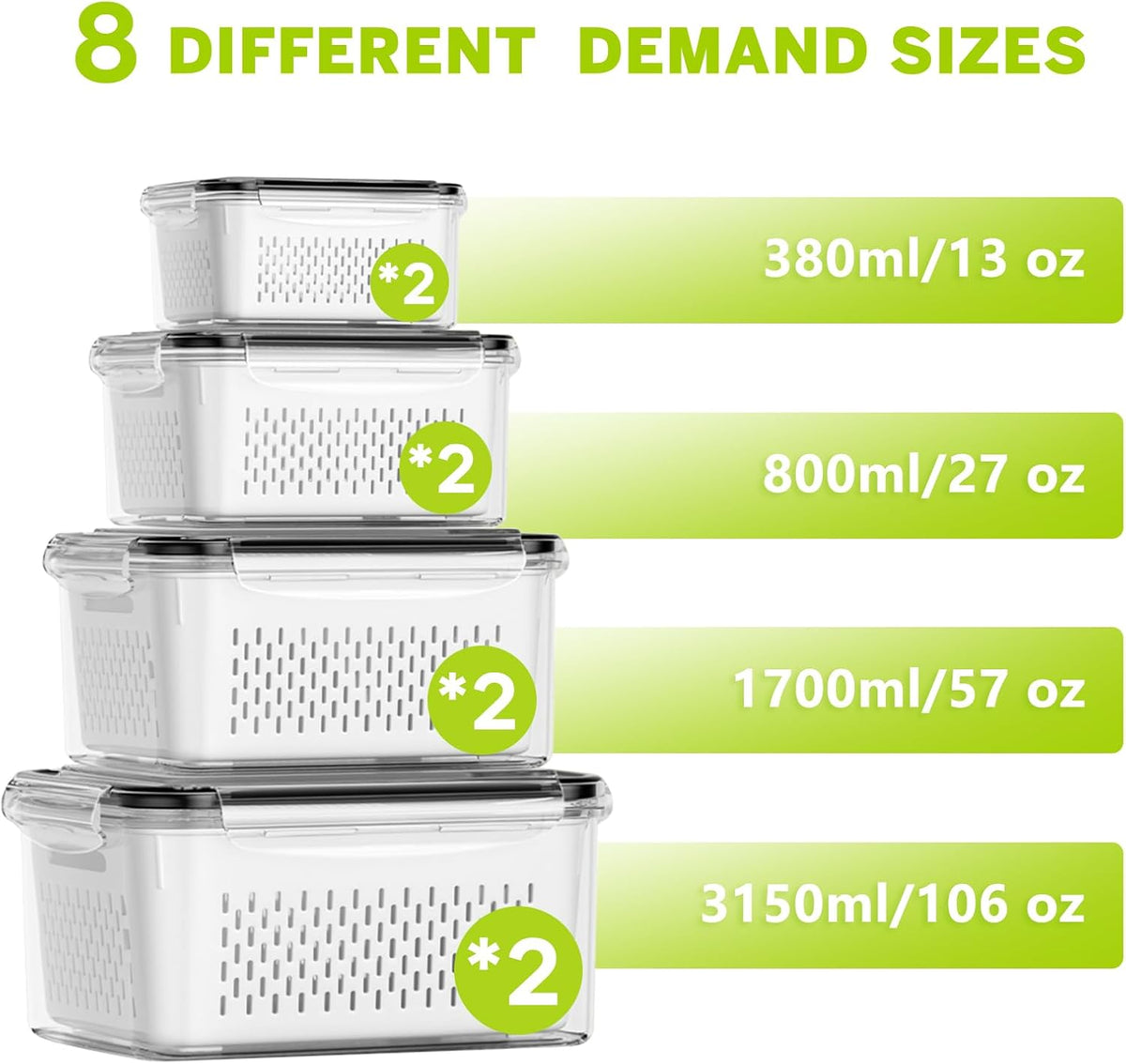 HOMETALL 8 Pack Fruit Storage Containers for Fridge, Produce Containers for Fridge with Colander, Leakproof Fridge Organizers and Storage for Berry Vegetable Salad Lettuce Meat Food