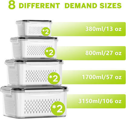 HOMETALL 8 Pack Fruit Storage Containers for Fridge, Produce Containers for Fridge with Colander, Leakproof Fridge Organizers and Storage for Berry Vegetable Salad Lettuce Meat Food