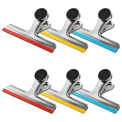 HOUSE AGAIN 4 Pack Stainless Steel Magnetic Chip Bag Clips Covered with Silicone - NO More Sharp Edges - Color Coded for Food Bags - Hang Postcards Heavy Duty for Kitchen and Office, 3 Inches Wide