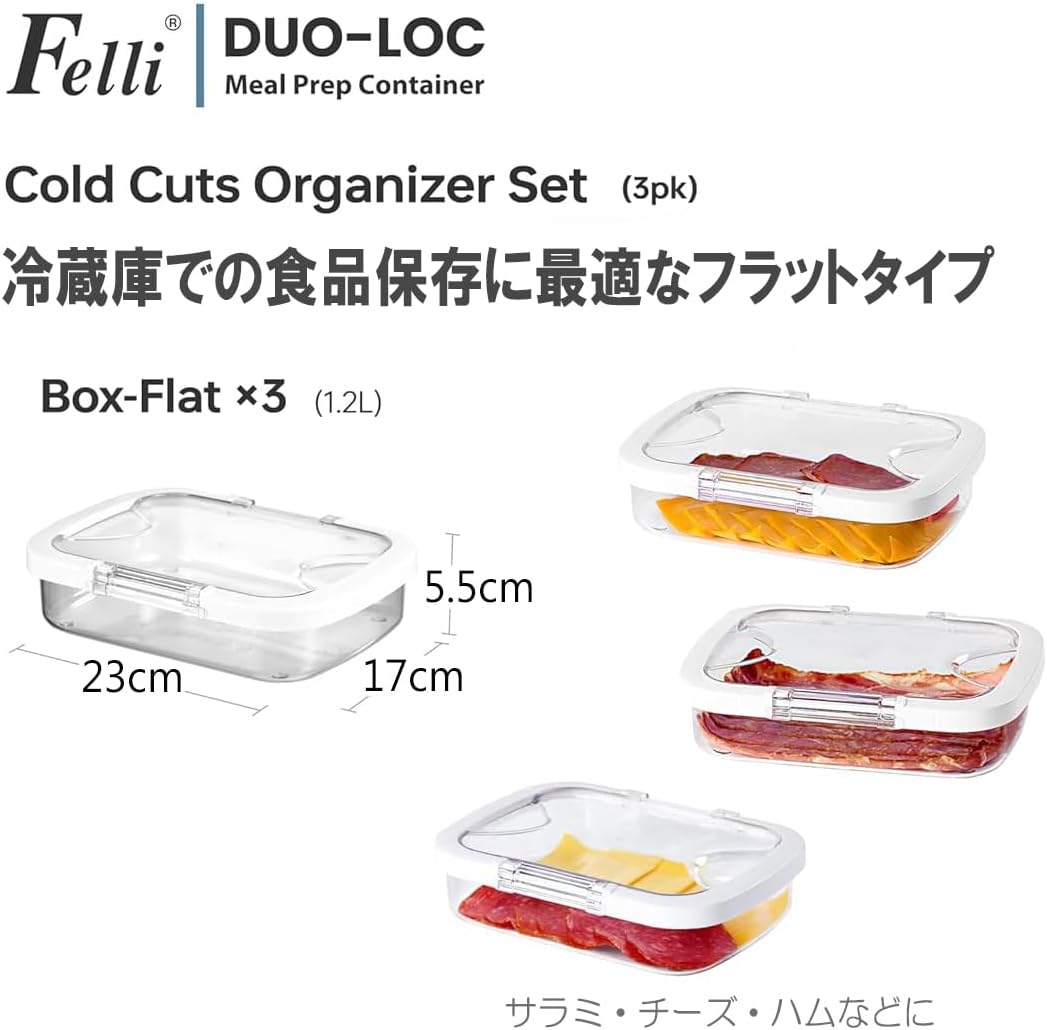 Felli Duo Loc Deli Meat Containers for Fridge with Airtight Lids, Stackable Refrigerator Organizer for Lunch Meat Storage Sandwich Ham Cheese Salami Sliced Turkey, Clear Tritan Box (Cold Cuts 3pk)