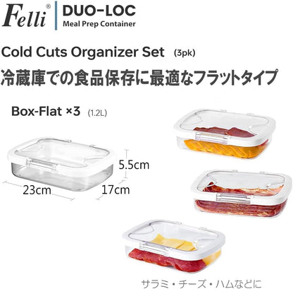 Felli Duo Loc Deli Meat Containers for Fridge with Airtight Lids, Stackable Refrigerator Organizer for Lunch Meat Storage Sandwich Ham Cheese Salami Sliced Turkey, Clear Tritan Box (Cold Cuts 3pk)