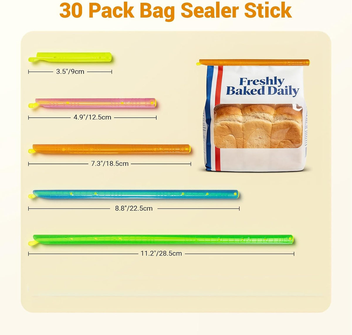 30Pcs Plastic Bag Sealer Slide Sticks, Reusable Bag Sealing Clips for Food, Cute Potato Chip Clips Crimper Bulk, Magic Snack Storage Bag Closers Holder for Kitchen Pantry Accessories (5 Lengths