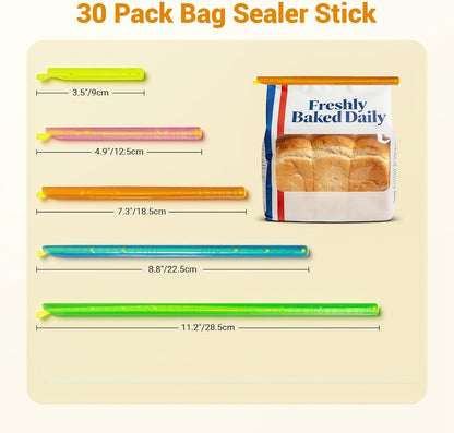 30Pcs Plastic Bag Sealer Slide Sticks, Reusable Bag Sealing Clips for Food, Cute Potato Chip Clips Crimper Bulk, Magic Snack Storage Bag Closers Holder for Kitchen Pantry Accessories (5 Lengths