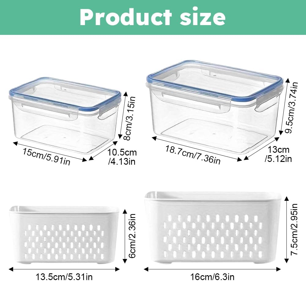 Fruit Storage Container for Fridge, Leakproof Food Storage Containers, Plastic Fresh Produce Saver Vegetable Fruit Meat Storages Organization, Plastic Produce Keepers(M+L)