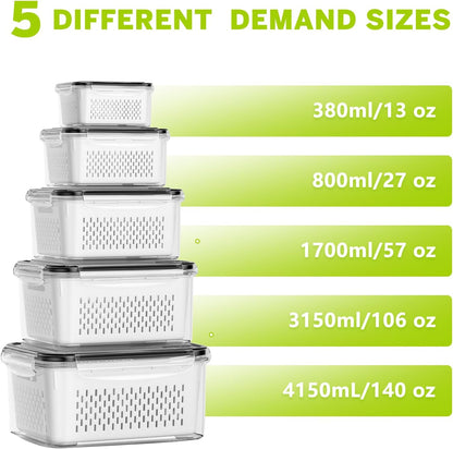 5 Pack Fruit Storage Containers for Fridge, Plastic Fruit Containers Set