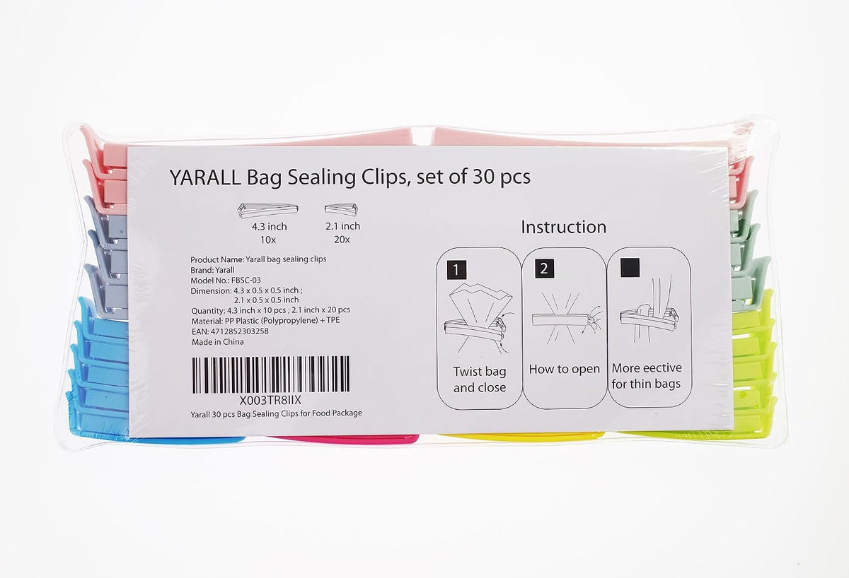 Yarall 30 PCS Plastic Chip Clips for Food Packages, Curved Design Sealing Bag Clips for Food, Kitchen and Home(4.3in x10, 2.1in x20)