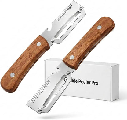 elite peeler and shredder, 2PCS Vegetable Peeler, 1.8mm Thickened Stainless Steel Blade, 3-in-1 Kitchen Peeler with Wood Handle for Peeling, Shredding & Bottle Opening, Potato, Carrot & Fruit