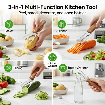 elite peeler and shredder, 2PCS Vegetable Peeler, 1.8mm Thickened Stainless Steel Blade, 3-in-1 Kitchen Peeler with Wood Handle for Peeling, Shredding & Bottle Opening, Potato, Carrot & Fruit