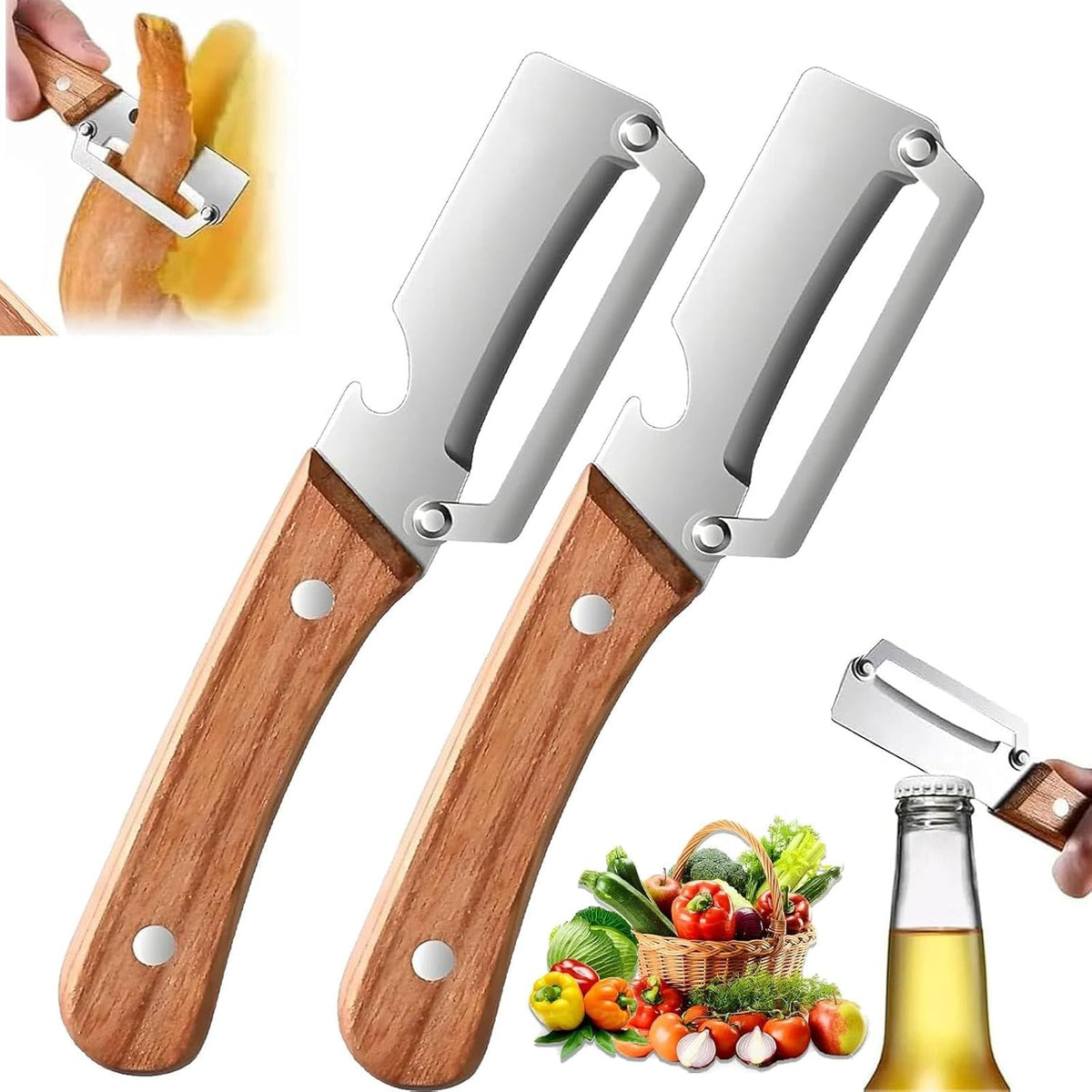 2PCS Multifunctional Vegetable Peeler, Stainless Steel Peeler with Wooden Handle, Fruit and Vegetable Peeler for Kitchen, Handheld Kitchen Peeler for Potato, Carrot, Apple