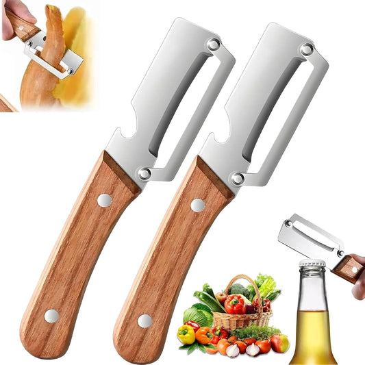 2PCS Multifunctional Vegetable Peeler, Stainless Steel Peeler with Wooden Handle, Fruit and Vegetable Peeler for Kitchen, Handheld Kitchen Peeler for Potato, Carrot, Apple