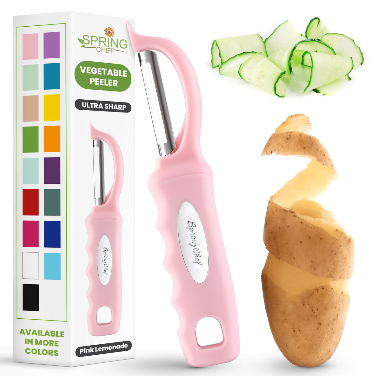 Spring Chef Swivel Vegetable Peeler with Soft Grip Handle, Pink Lemonade