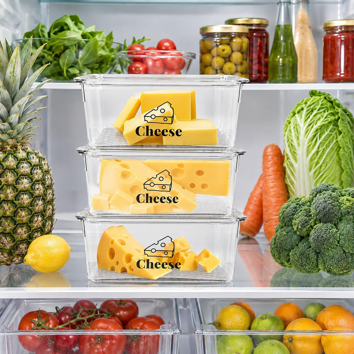 3 Pack Cheese Container for Refrigerator, Airtight Clear Cheese Storage Box with Lid, Cheese Keeper for Sliced Cheese, Deli Meat, Ham, Salami & Turkey, Fridge Food Storage Organizer