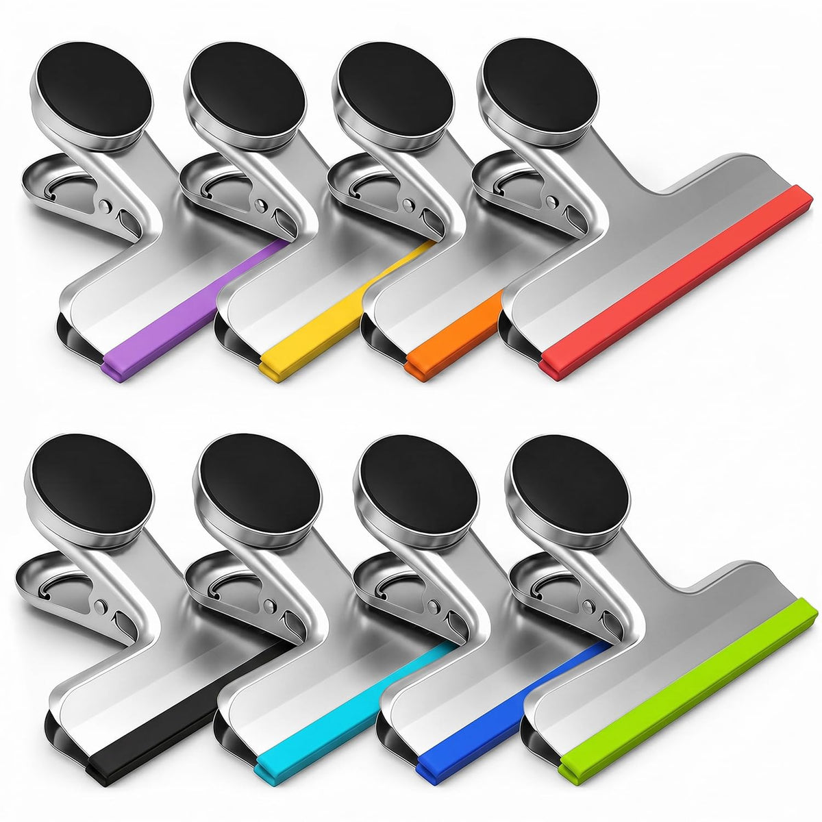 HOUSE AGAIN 4 Pack Stainless Steel Magnetic Chip Bag Clips Covered with Silicone - NO More Sharp Edges - Color Coded for Food Bags - Hang Postcards Heavy Duty for Kitchen and Office, 3 Inches Wide
