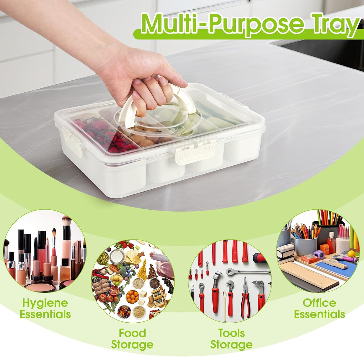 Snackle Box Container, 4 Compartment Divided Serving Tray with Lid