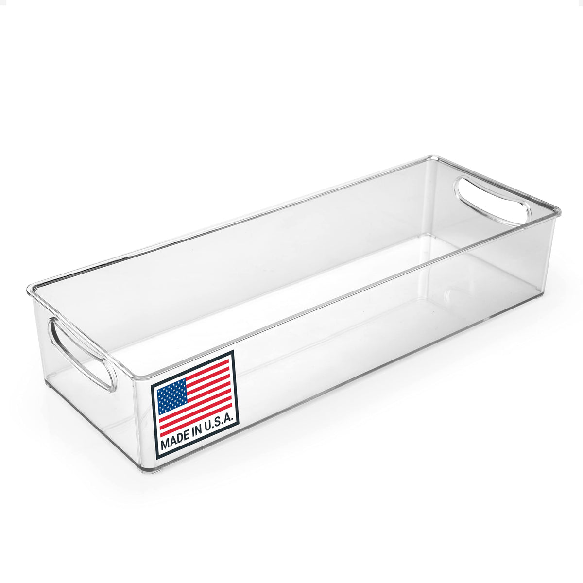 Pikanty Clear Refrigerator Organizer Bin with Handles — 11 Inch Compact Stackable Fridge and Pantry Storage Container for Snacks, Yogurt, Condiments, Dishwasher Safe, Made in USA
