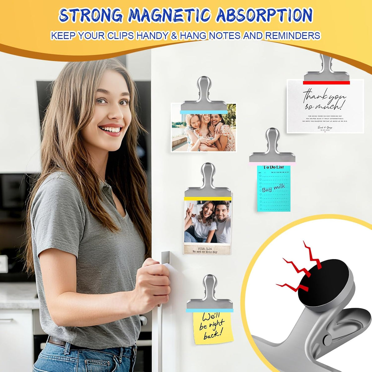 HOUSE AGAIN 4 Pack Stainless Steel Magnetic Chip Bag Clips Covered with Silicone - NO More Sharp Edges - Color Coded for Food Bags - Hang Postcards Heavy Duty for Kitchen and Office, 3 Inches Wide