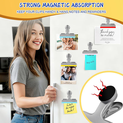 HOUSE AGAIN 4 Pack Stainless Steel Magnetic Chip Bag Clips Covered with Silicone - NO More Sharp Edges - Color Coded for Food Bags - Hang Postcards Heavy Duty for Kitchen and Office, 3 Inches Wide