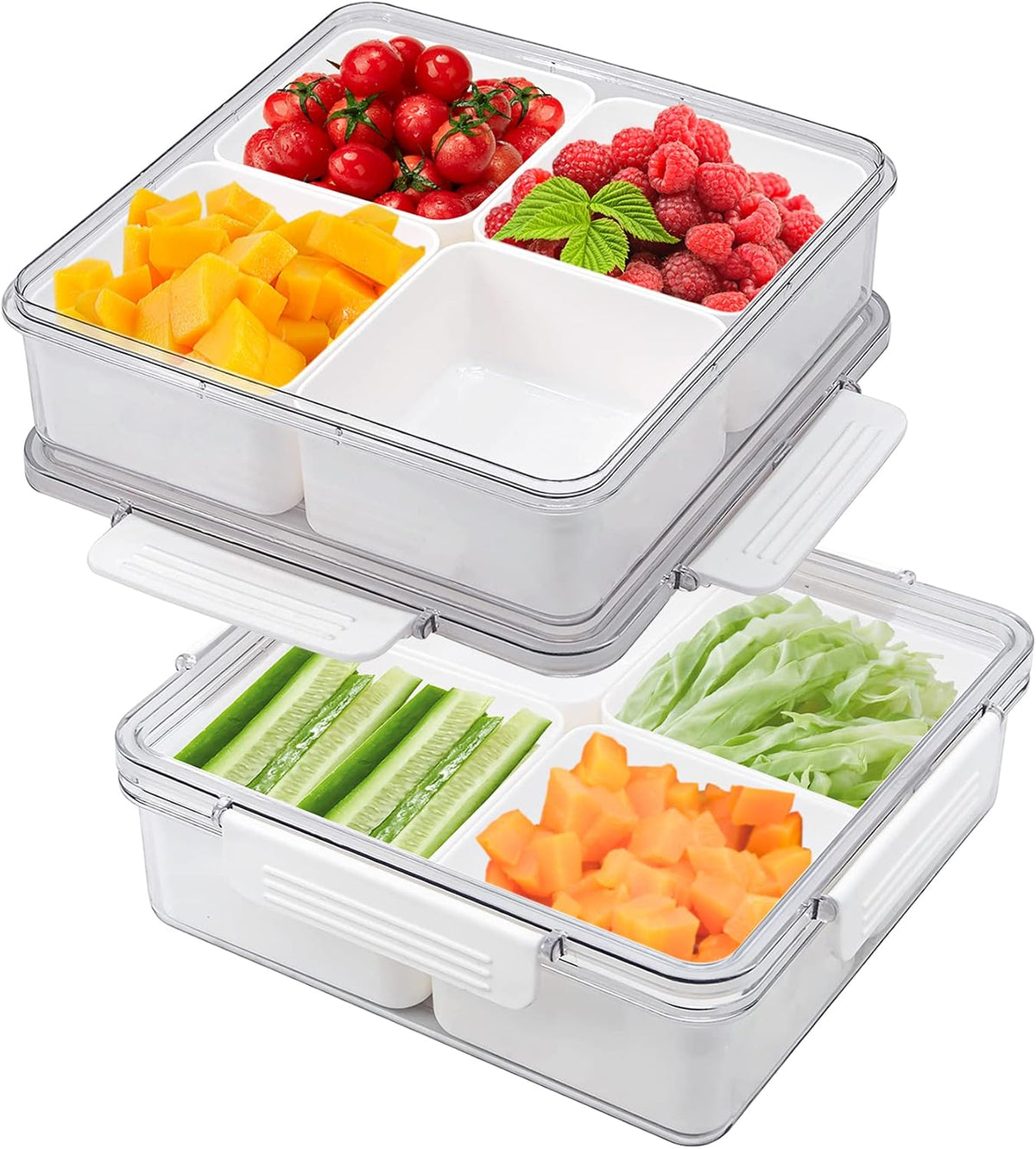 2Pack Divided Veggie Tray with Lid Snackle Box Serving Container Salad Keeper with 4 Removable Boxes Stackable Refrigerator Organizer Bins Produce Saver for Meal Prep Fruit