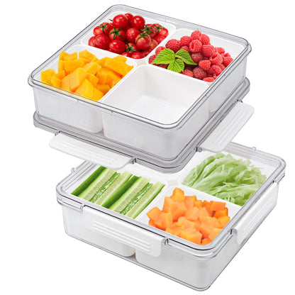 2Pack Divided Veggie Tray with Lid Snackle Box Serving Container Salad Keeper with 4 Removable Boxes Stackable Refrigerator Organizer Bins Produce Saver for Meal Prep Fruit