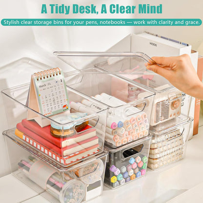 6 Pack Small Clear Storage Bins with Lids, Plastic Arts and Craft Storage Containers, Stackable Clear Plastic Craft Storage Bins with Handles for Classroom Storage Organization,Kitchen, Fridge, Office