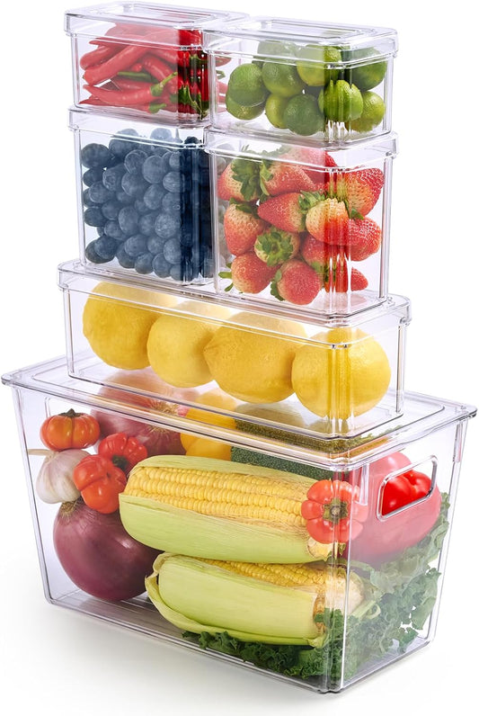 MUCHII 6 Pack Fridge Organizers and Storage, Clear Stackable Bins with Lids