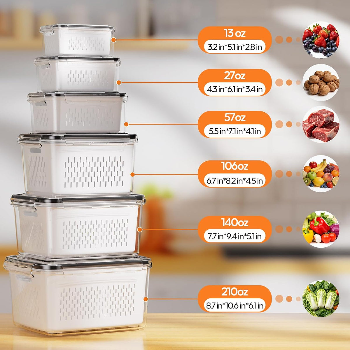 JSCARES Fruit Storage Containers for Fridge with Removable Colander, 6 Pack