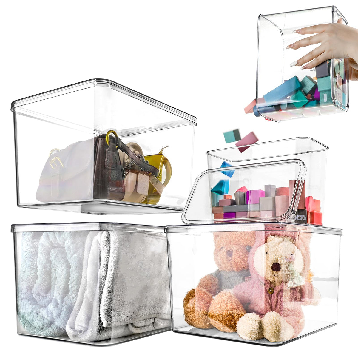 Clear Storage Bins With Lids,4 Packs Food Storage Organizer,Stackable Kitchen Cabinet,Bathroom Basket,Fridge Organization.Pantry Transparent Containers For Fruits,Drinks