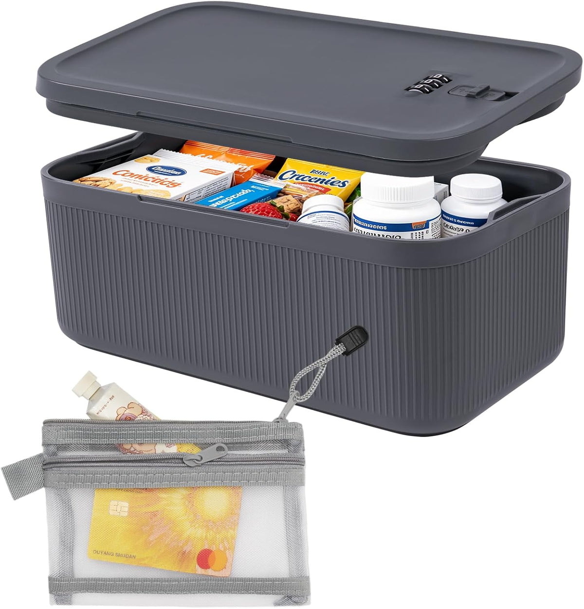 Lock Box for Medication, Medicine Lock Box with Small Mesh Zipper Pouch, Lockable Storage Box with Code for Phone Medicine Snack, BPA-Free Lock Box for Fridge, Home, Office, School, Gift