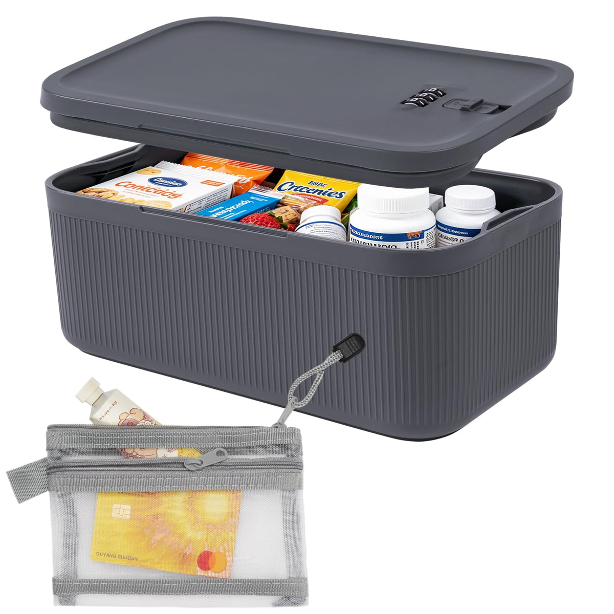 Lock Box for Medication, Medicine Lock Box with Small Mesh Zipper Pouch, Lockable Storage Box with Code for Phone Medicine Snack, BPA-Free Lock Box for Fridge, Home, Office, School, Gift