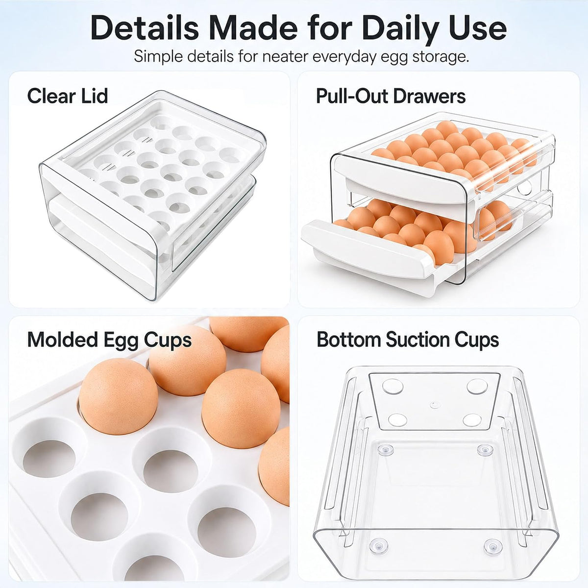 Egg Holder for Fridge, 40-Egg Refrigerator Organizer with Drawers