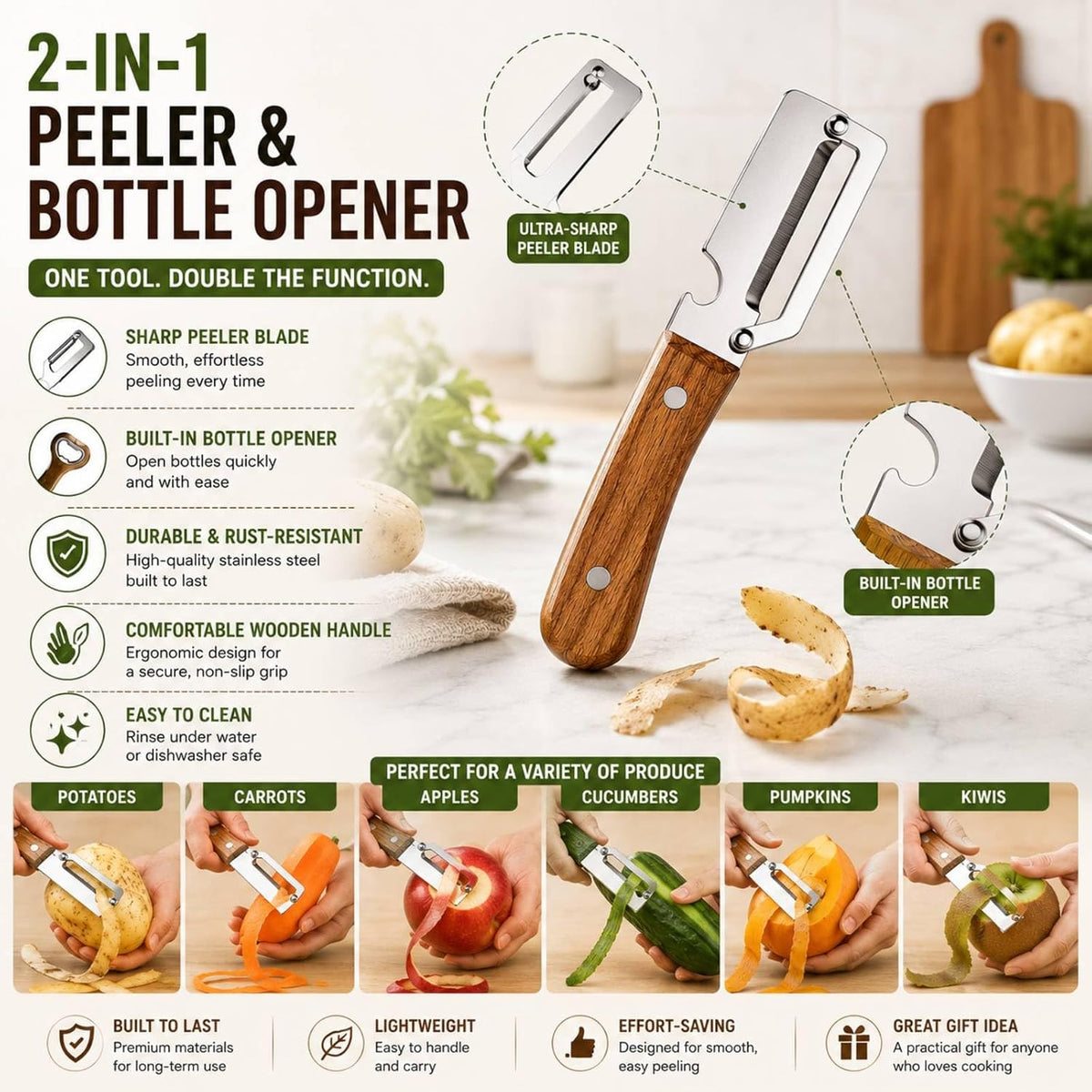 2PCS Multifunctional Vegetable Peeler, Stainless Steel Peeler with Wooden Handle, Fruit and Vegetable Peeler for Kitchen, Handheld Kitchen Peeler for Potato, Carrot, Apple
